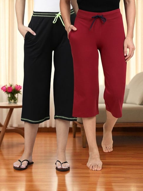 Kryptic Black & Maroon Solid Capris - Pack Of 2