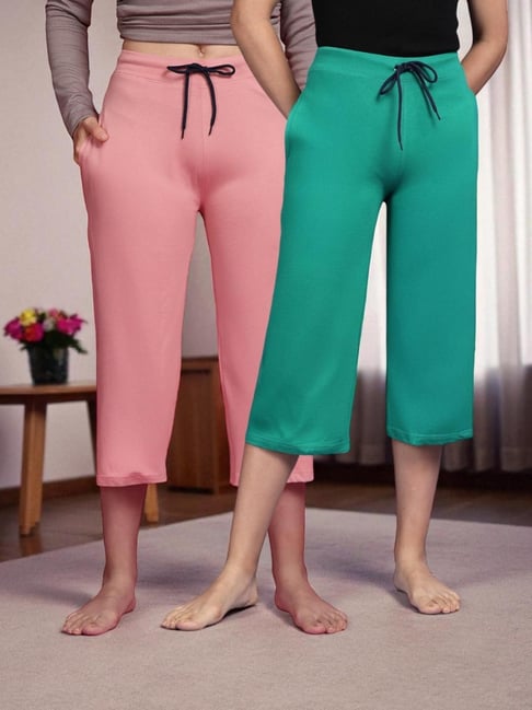 Kryptic Dusty Pink & Teal Green Solid Capris - Pack Of 2