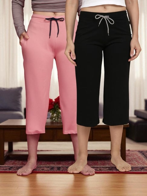Kryptic Dusty Pink & Black Solid Capris - Pack Of 2