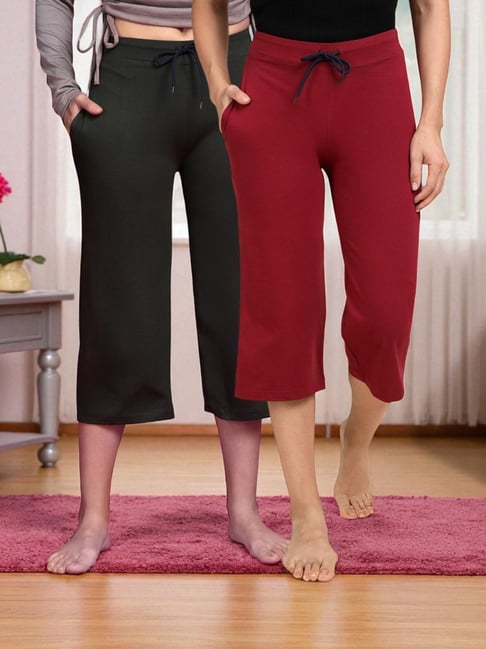 Kryptic Olive & Maroon Solid Capris - Pack Of 2
