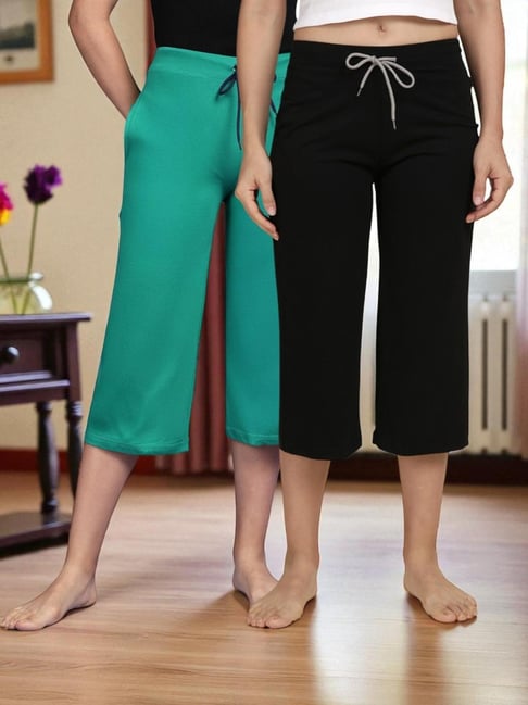 Kryptic Dark Green & Black Solid Capris - Pack Of 2