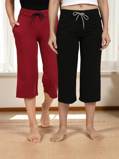 Kryptic Maroon & Black Solid Capris - Pack Of 2