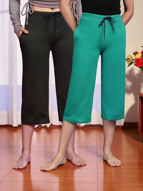 Kryptic Olive & Teal Green Solid Capris - Pack Of 2