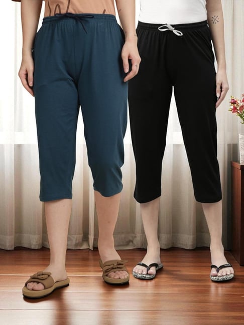 Kryptic Black & Teal Blue Solid Capris - Pack Of 2