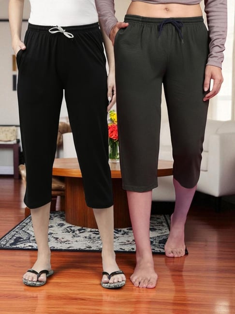 Kryptic Black & Olive Solid Capris - Pack Of 2