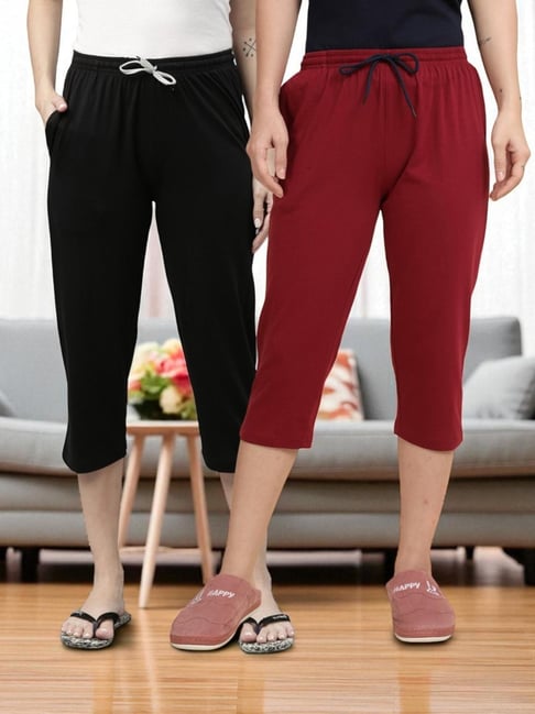 Kryptic Black & Maroon Solid Capris - Pack Of 2