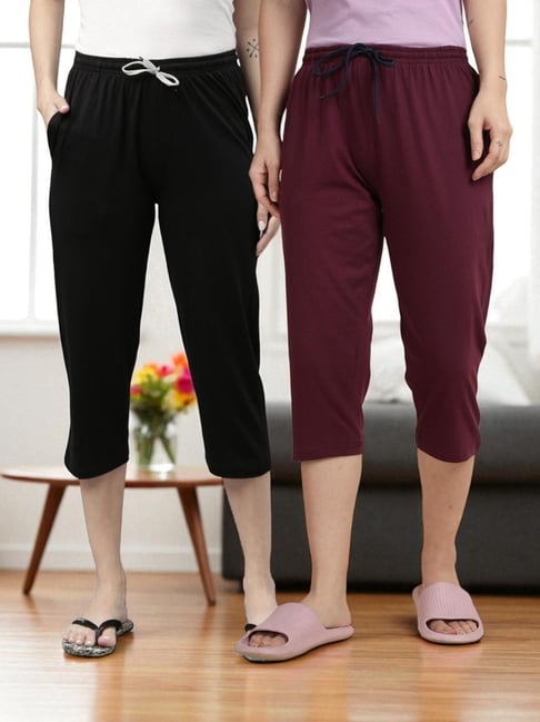 Kryptic Black & Burgundy Solid Capris - Pack Of 2