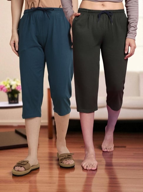 Kryptic Teal Blue & Olive Solid Capris - Pack Of 2