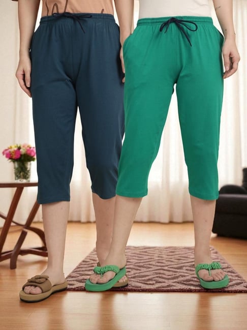Kryptic Teal Blue & Dark Green Solid Capris - Pack Of 2