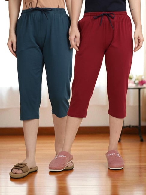 Kryptic Teal Blue & Maroon Solid Capris - Pack Of 2