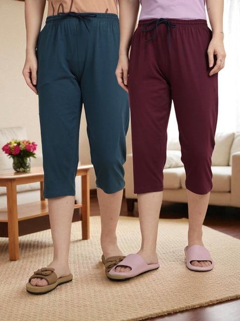 Kryptic Teal Blue & Burgundy Solid Capris - Pack Of 2