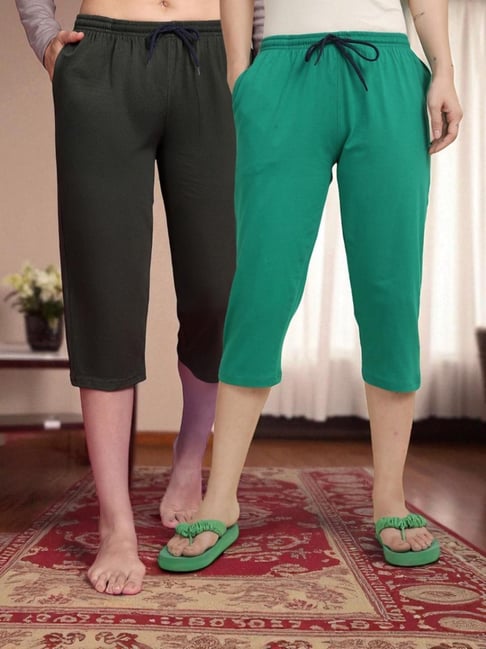 Kryptic Olive & Teal Green Solid Capris - Pack Of 2