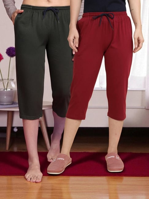 Kryptic Olive & Maroon Solid Capris - Pack Of 2