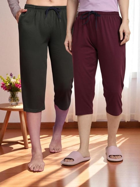 Kryptic Olive & Burgundy Solid Capris - Pack Of 2