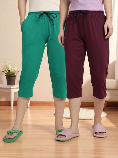 Kryptic Dark Green & Burgundy Solid Capris - Pack Of 2