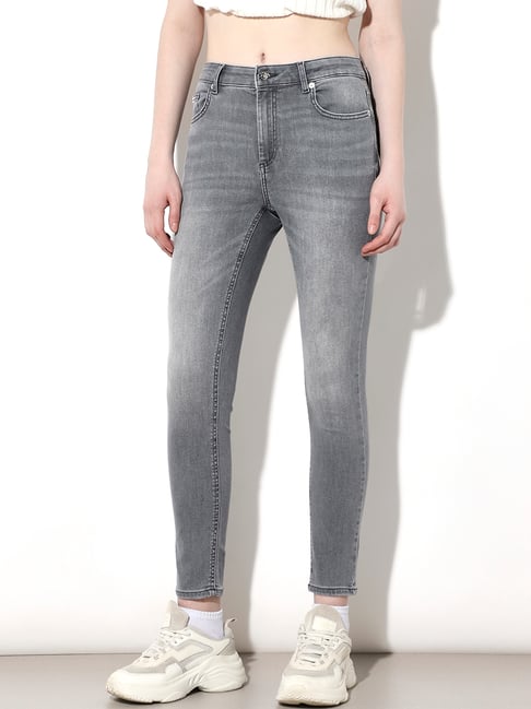 Only Grey Cotton Solid High Rise Jeans