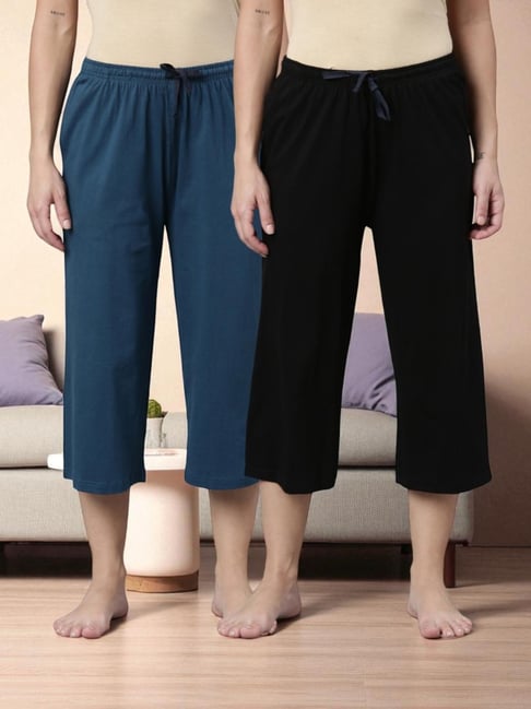 Kryptic Black & Teal Blue Solid Capris - Pack Of 2
