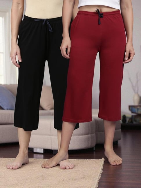 Kryptic Black & Maroon Solid Capris - Pack Of 2