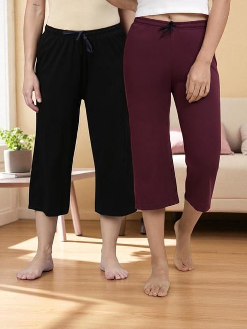 Kryptic Black & Burgundy Solid Capris - Pack Of 2