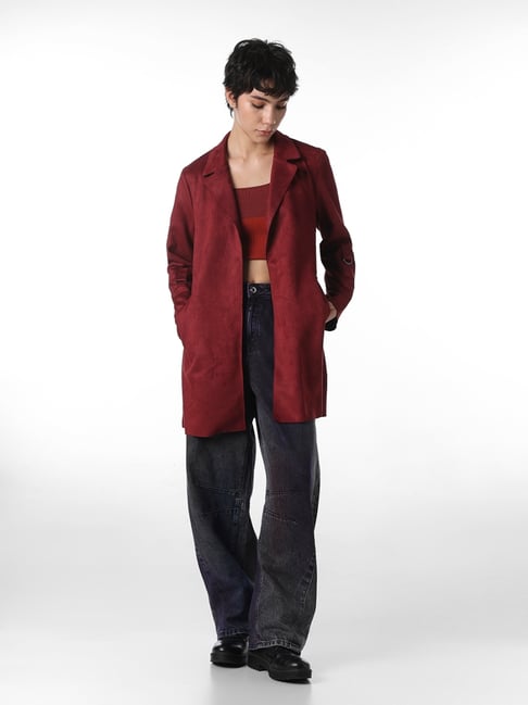 Only Maroon Blended Solid Overcoat