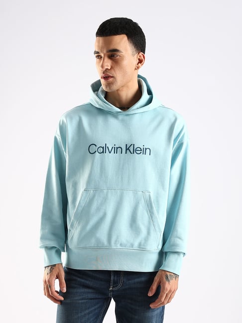 Calvin Klein Jeans Blue Cotton Comfort Fit Logo Printed Hooded Sweatshirt