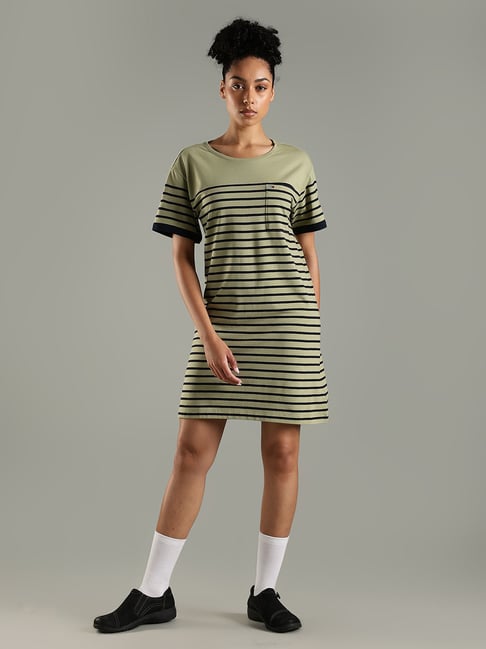 Tommy Hilfiger Green Cotton Regular Fit Striped Dress