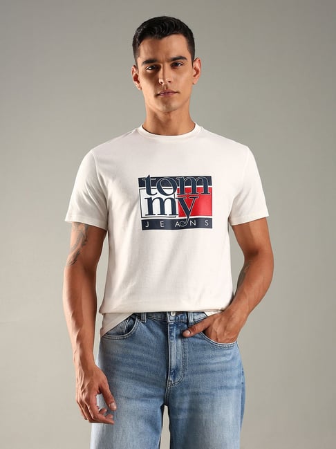 Tommy Hilfiger White Cotton Slim Fit Logo Printed T-Shirt