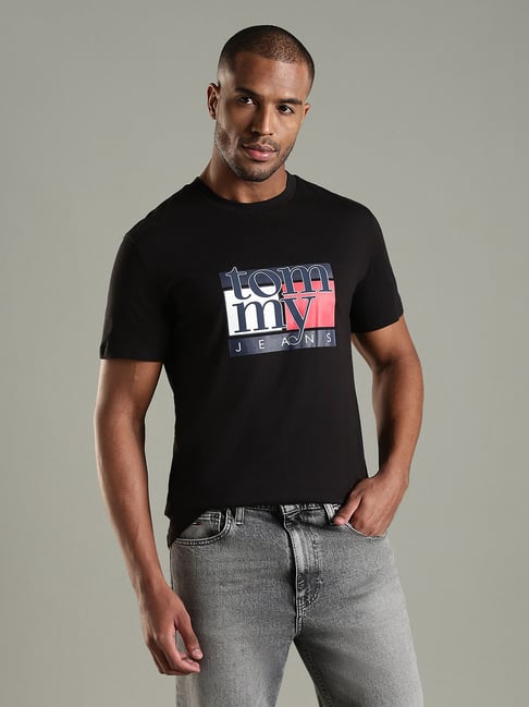 Tommy Hilfiger Black Cotton Slim Fit Logo Printed T-Shirt