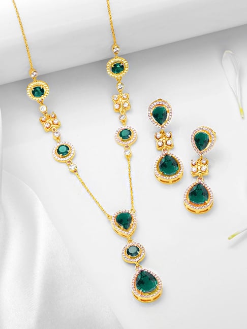Zavya 925 Sterling Silver Enchanted Emerald Gold Plated Necklace and Earring Jewellery Set for Women-picture-25