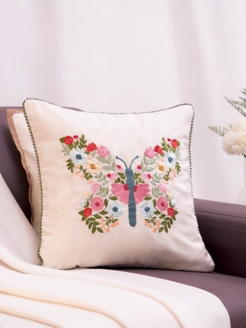Haus & Kinder Blossom Butterfly Multicolor Cotton Embroidered Cushion Cover