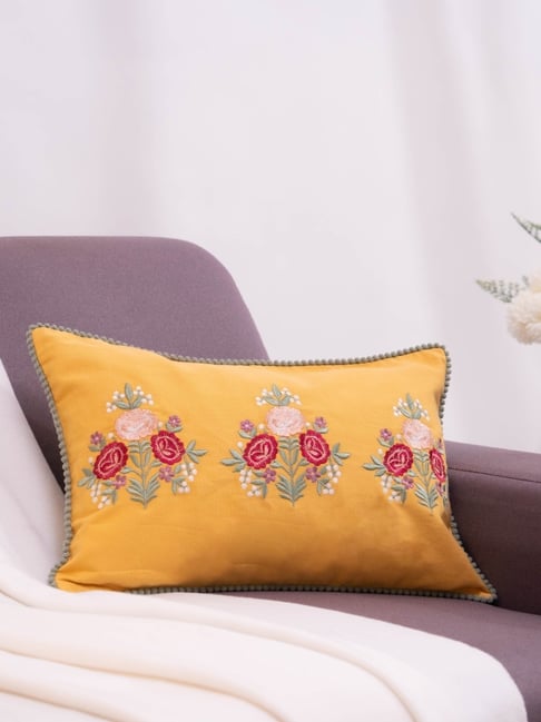Haus & Kinder Golden Bloom Garden Mustard Cotton Embroidered Cushion Cover