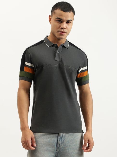 United Colors Of Benetton Grey Pure Cotton Regular Fit Printed Polo T-Shirt