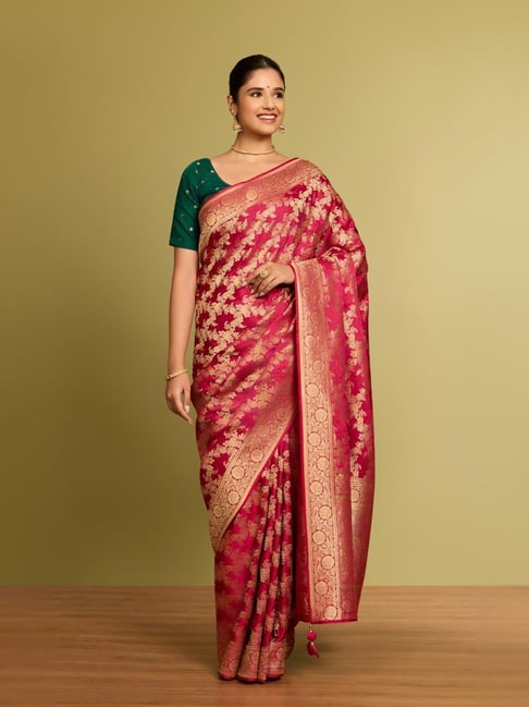 Taneira Dark Pink Viscose Zari Saree With Unstitched Blouse-picture-33