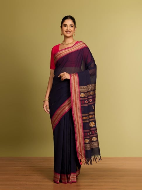 Taneira Dark Blue Cotton Embroidered Saree With Unstitched Blouse-picture-13