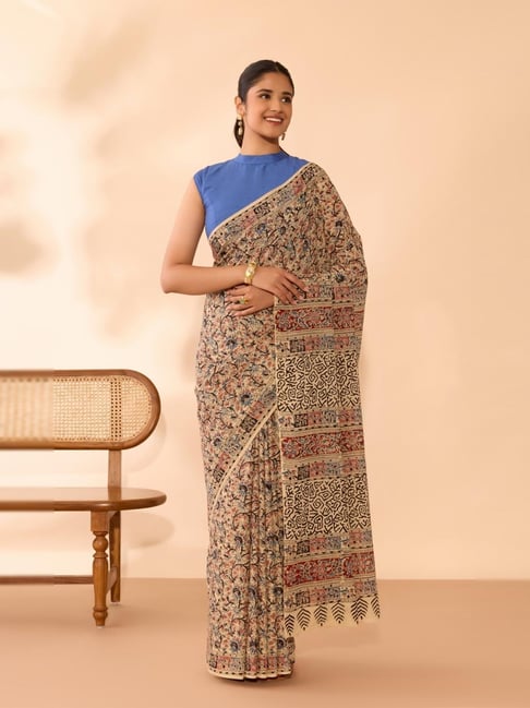 Taneira Beige Cotton Ajrakh Saree With Unstitched Blouse-picture-29