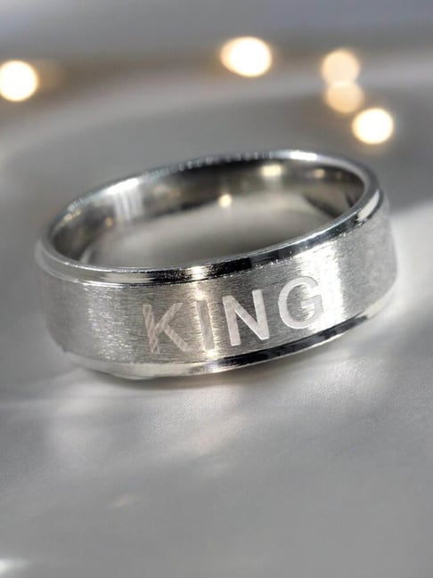 OOMPH Silver Stainless Steel King Inscribed Band Ring for Men and Boys