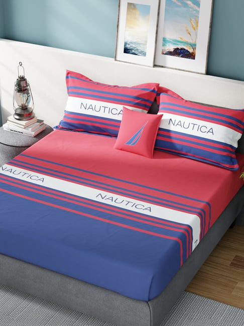 Nautica Noridge Red & Blue Cotton Stripe 160 TC Bedsheet with 2 Pillow Covers-image-40