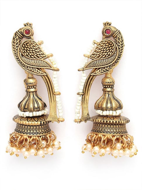 Jhumka Earrings Feather Earrings Myntra OOMPH Antique Gold Peacock