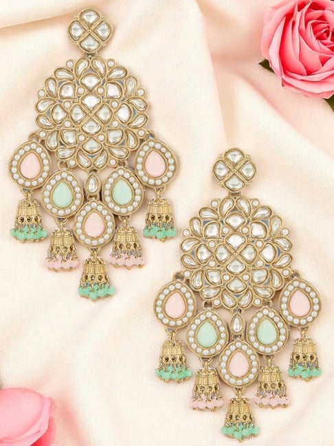 OOMPH Pink Mint Green Kundan Mehndi Gold Jadau Drop Earrings with Jhumki  for Women