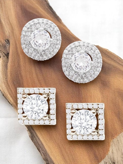 OOMPH Combo of Silver Cubic Zirconia Round and Square Ear Stud Earrings  for Women