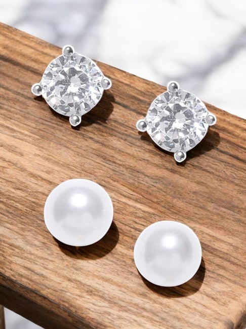 OOMPH Combo of Small Solitaire Cubic Zirconia and Pearl Round Ear Stud  Earrings