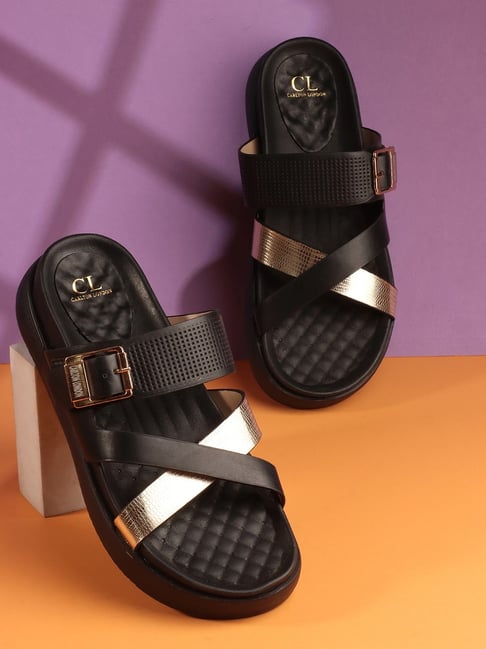 Carlton London Women's Black Cross Strap Sandals