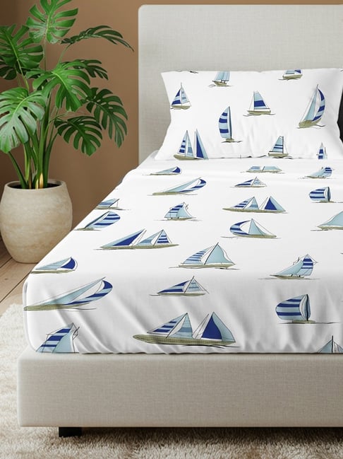 Urban Space Blue Cotton Printed 144 TC Double Flat Bedsheet with 2 Pillow Covers-picture-26