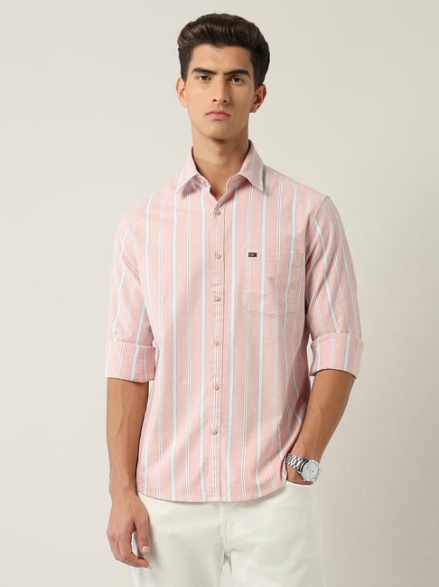 Ad By Arvind Pink Cotton Slim Fit Striped Shirt