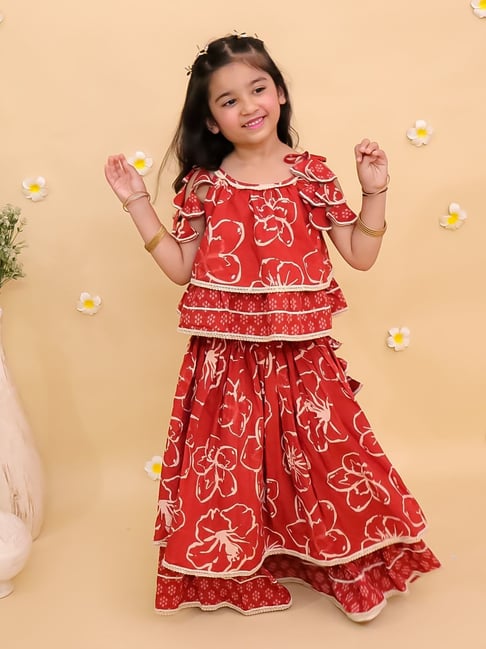 The Mom Store Girls Orange Cotton Printed Kurta with Lehenga Set
