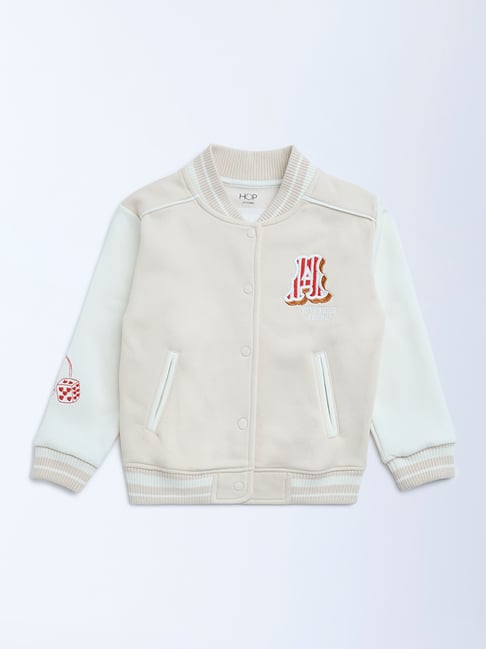 HOP Kids by Westside Beige Printed Cotton-Blend Varsity Jacket