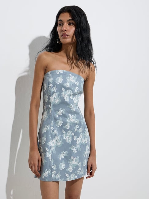 Nuon by Westside Blue Floral Design Denim Tube Dress