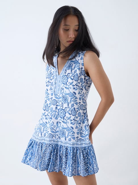 Bombay Paisley by Westside Blue Floral Detailed Cotton A-Line Dress