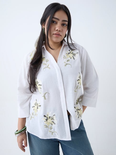 Gia by Westside White Floral Embroidered Cotton Shirt-picture-46