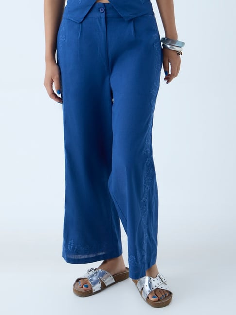 Bombay Paisley by Westside Blue Floral Embroidered Cotton Pants